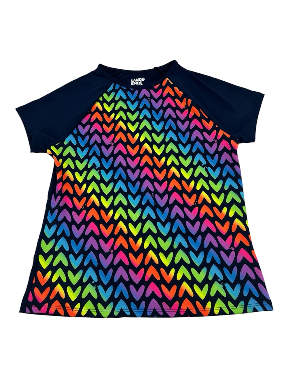 Lands’ End Girls’ Rainbow Heart UPF 50 Raglan Short Sleeve Rashguard Swimshirt